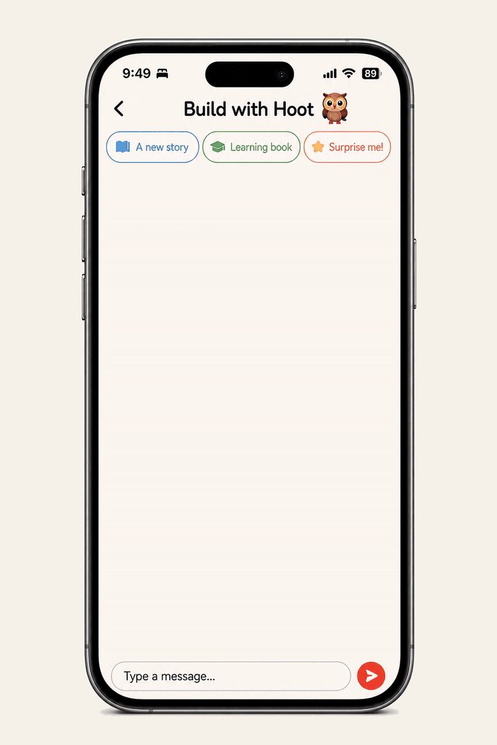 The companion app building a custom story: a parent types a story idea and Hoot the owl turns it into an illustrated, narrated book
