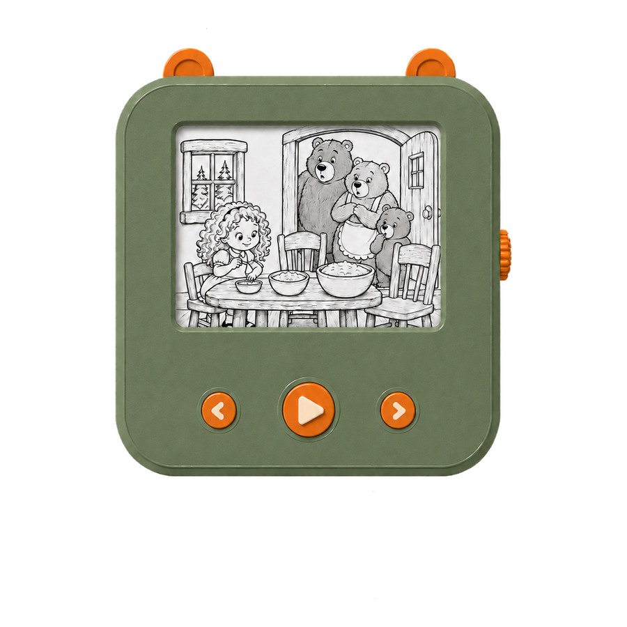 The Tinku player — a sage-green handheld device with bear ears, orange buttons, and a paper-like display showing Goldilocks and the three bears