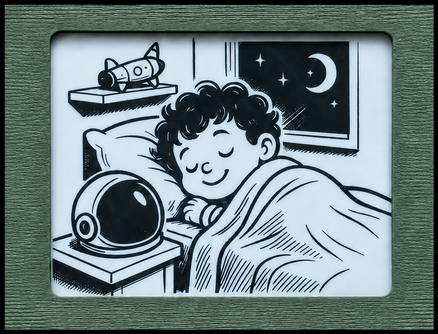 A Tinku device showing a real illustrated page: a curly-haired child sleeping, with an astronaut helmet and toy rocket nearby and a crescent moon out the window