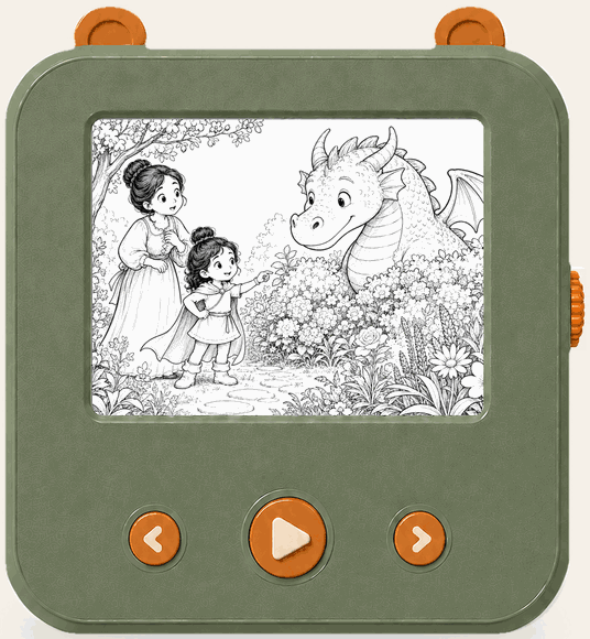 The finished story playing on the Tinku device — the e-paper display turns pages while the story is narrated aloud