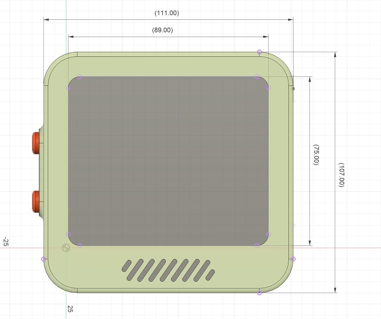 An early case design drawing with side buttons and a speaker opening